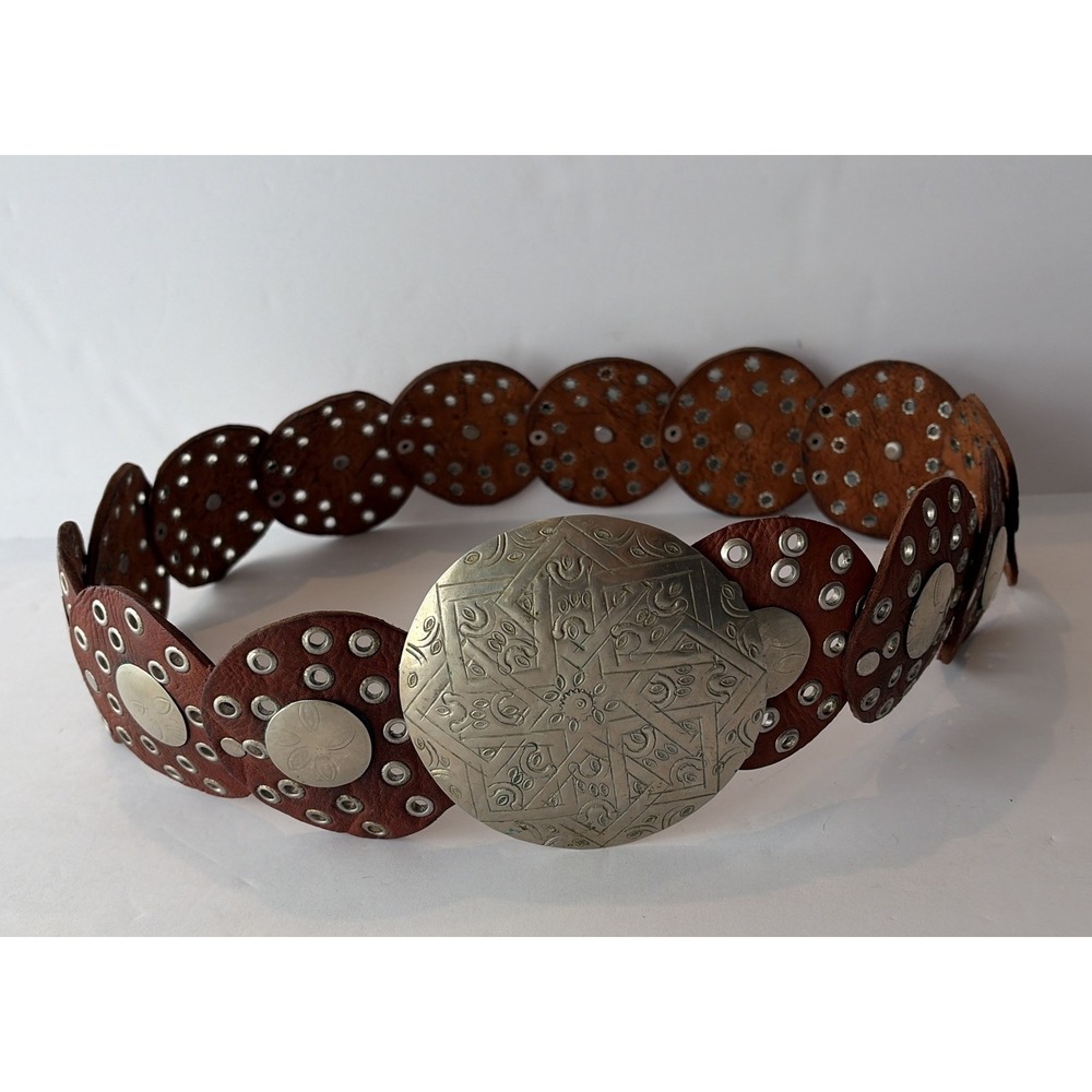 Vintage Moroccan Wide  Brown Leather Silver Tone Metal Concho Belt Adjust 40"